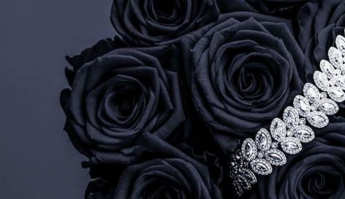 Luxury diamond jewelry bracelet and black roses flowers, love gi