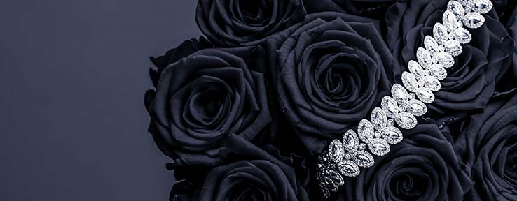 Luxury diamond jewelry bracelet and black roses flowers, love gi