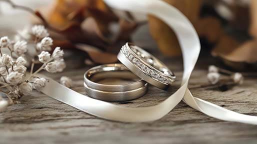 Elegant wedding rings adorned with delicate ribbon and floral ac