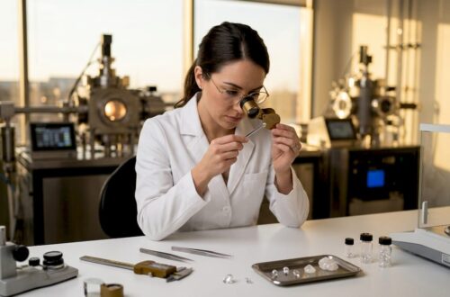 Scientist examining lab-grown diamond in laboratory