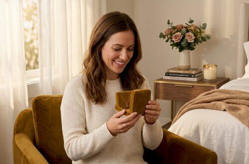 Woman opening custom jewelry gift on sofa