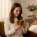 Woman opening custom jewelry gift on sofa