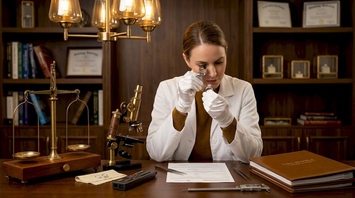Gemologist inspecting engagement ring for appraisal