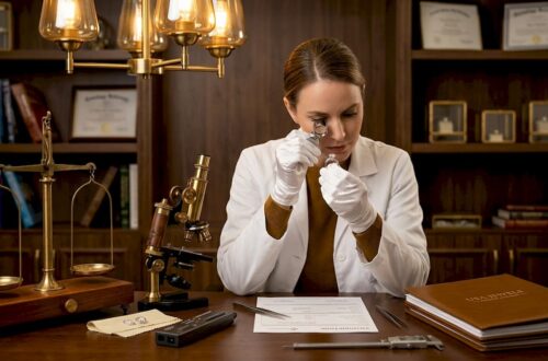 Gemologist inspecting engagement ring for appraisal