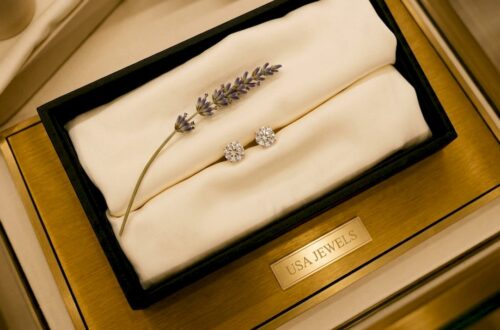 Close-up of classic diamond stud earrings on silk