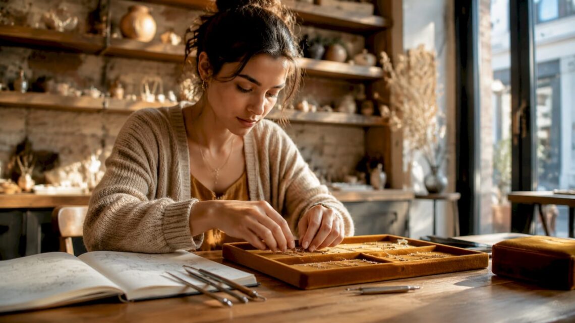 Woman arranging personalized jewelry display