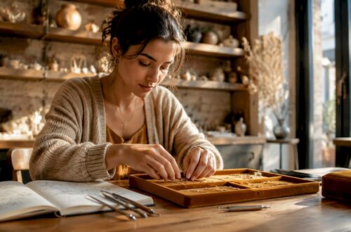 Woman arranging personalized jewelry display