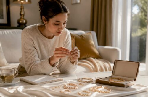 Woman selecting personalized jewelry options at table