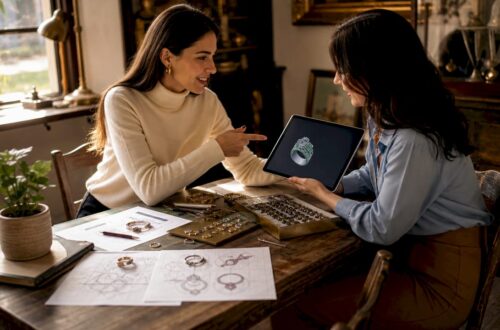 Jewelry designer consulting client on custom design