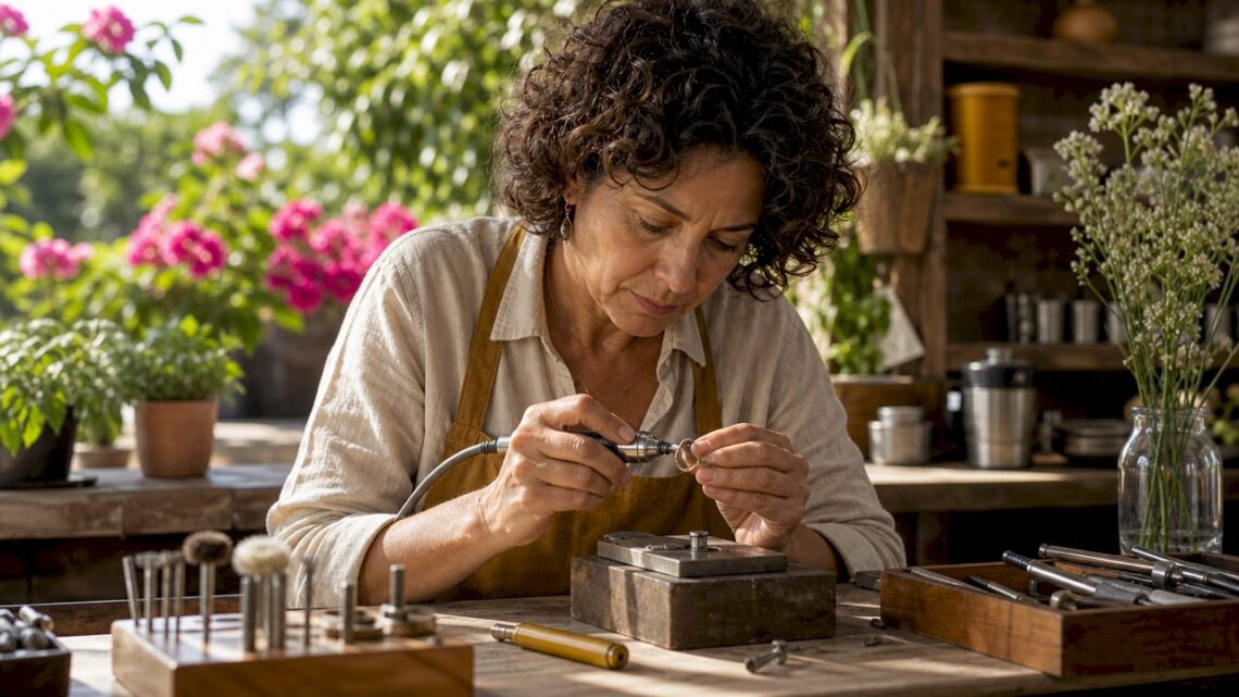 Jeweler engraving custom text on an engagement ring