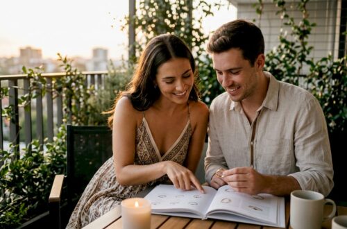 Couple reviewing custom wedding ring designs