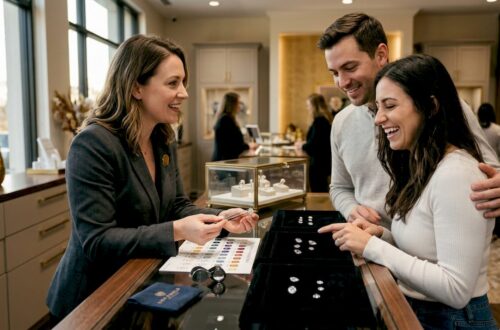 Jewelry consultant showing engagement ring center stones