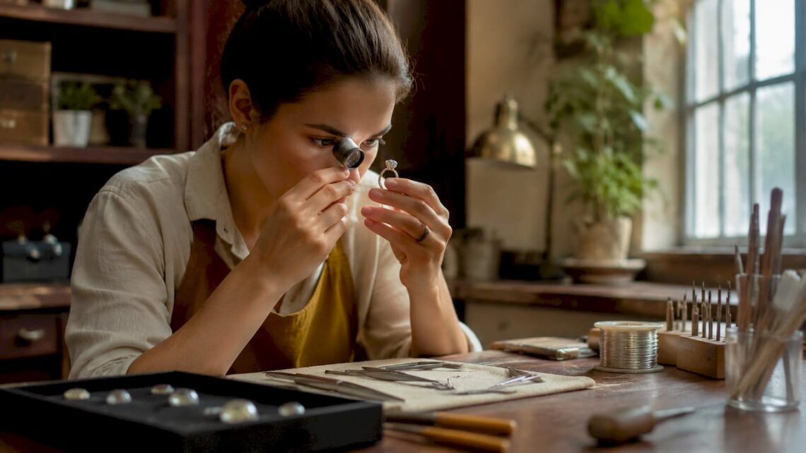 Jeweler inspecting rose gold engagement ring