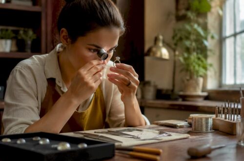 Jeweler inspecting rose gold engagement ring