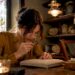 Woman inspecting vintage engagement ring