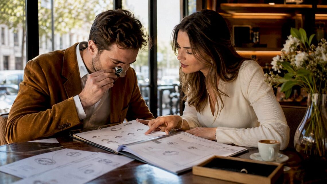 Couple reviewing engagement ring designs