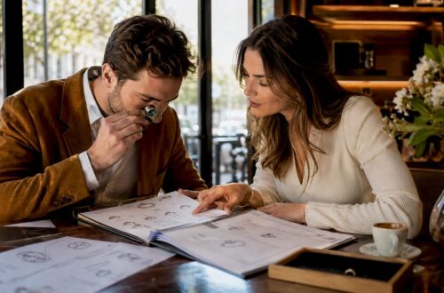 Couple reviewing engagement ring designs