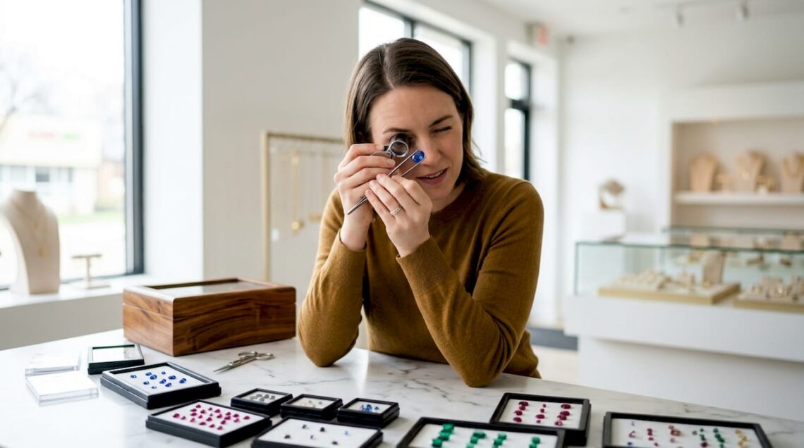 Jeweler examining gemstone on workbench