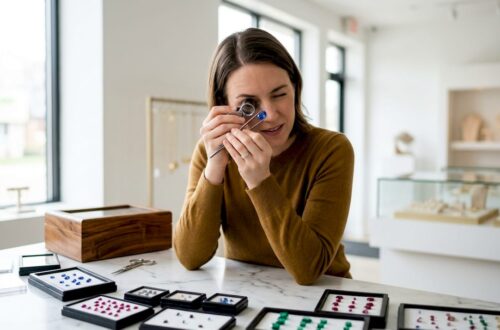 Jeweler examining gemstone on workbench