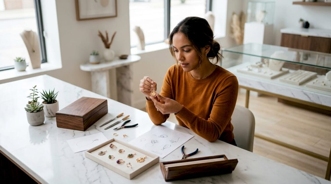 Woman inspecting handcrafted custom jewelry pieces in studio