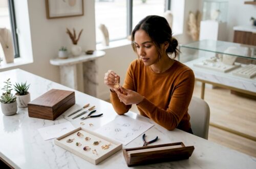 Woman inspecting handcrafted custom jewelry pieces in studio