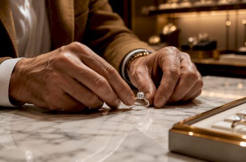 Close-up jeweler inspecting engagement ring diamond