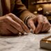 Close-up jeweler inspecting engagement ring diamond