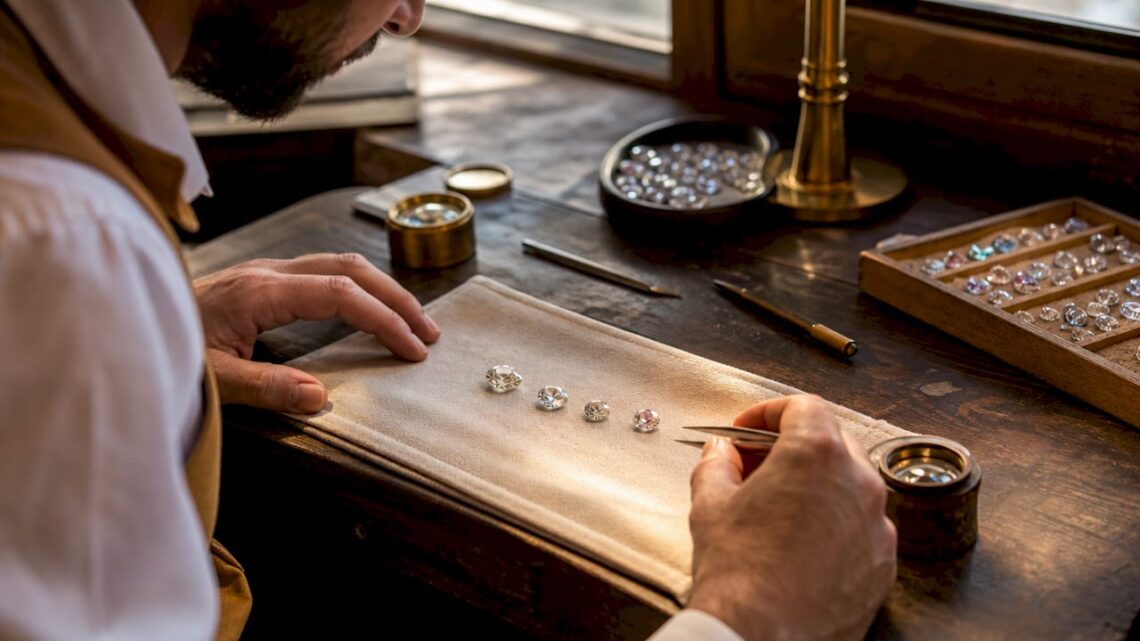 Close-up comparison of diamond simulants and real diamonds on jeweler's bench