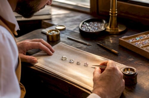 Close-up comparison of diamond simulants and real diamonds on jeweler's bench