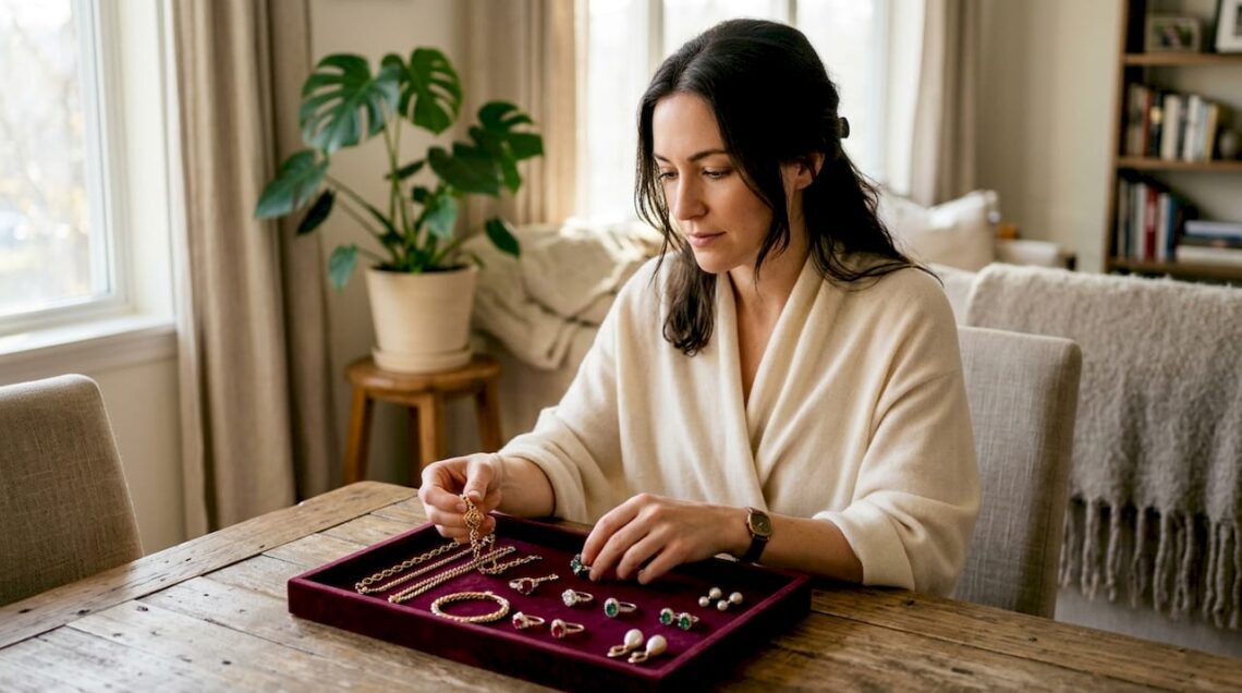 Woman choosing jewelry at bright vanity