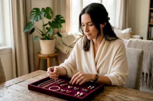 Woman choosing jewelry at bright vanity