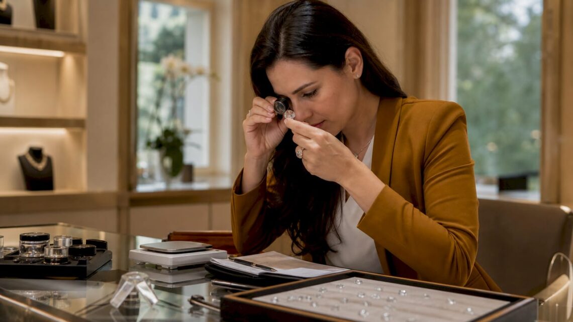 Gemologist examining diamond with loupe