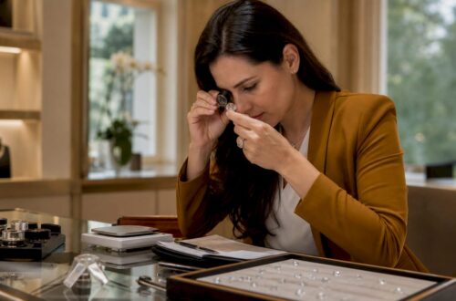 Gemologist examining diamond with loupe