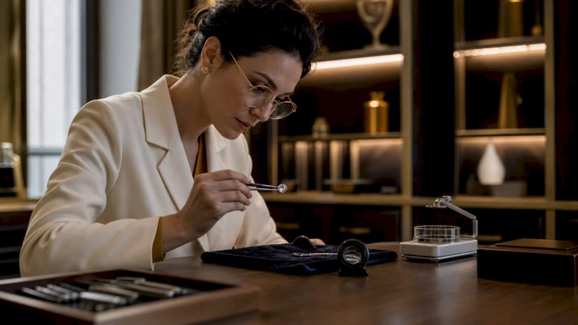 Jeweler inspecting diamond with GIA report