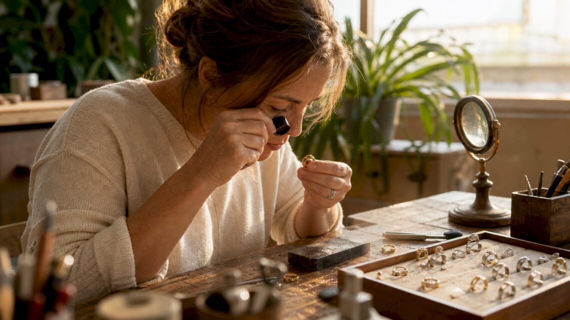 Woman inspecting gold ring with loupe