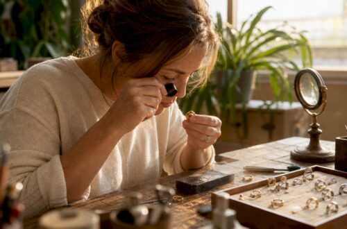 Woman inspecting gold ring with loupe