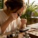 Woman inspecting gold ring with loupe