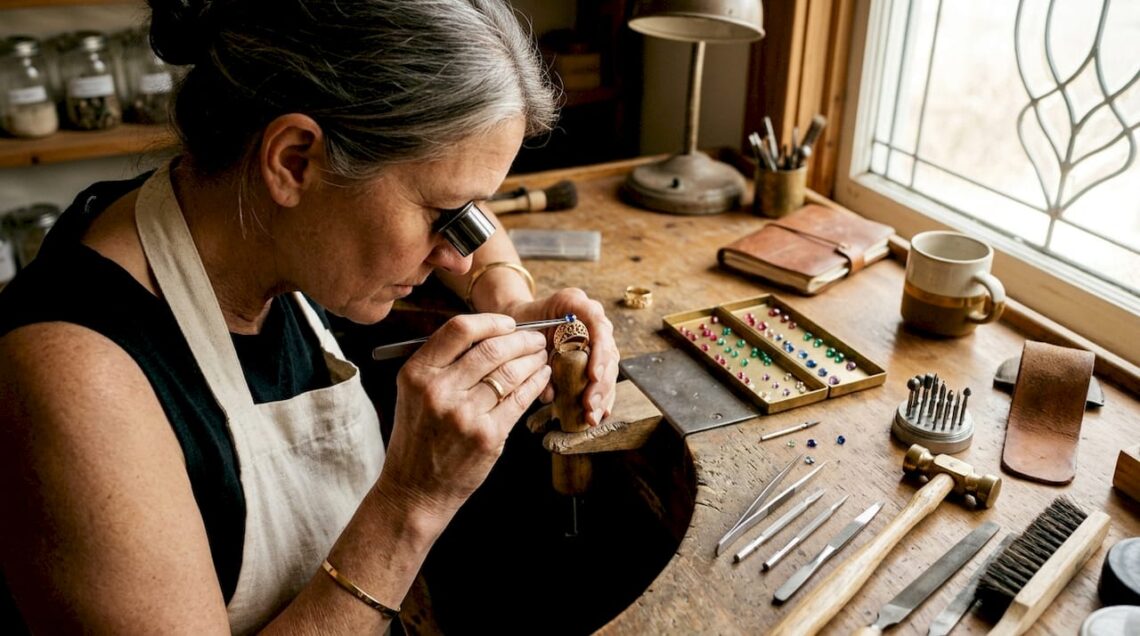 Hands setting birthstones on gold mother's ring