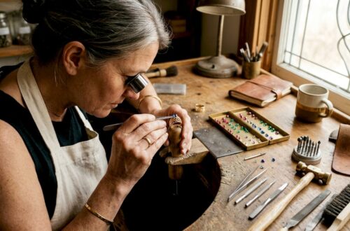 Hands setting birthstones on gold mother's ring