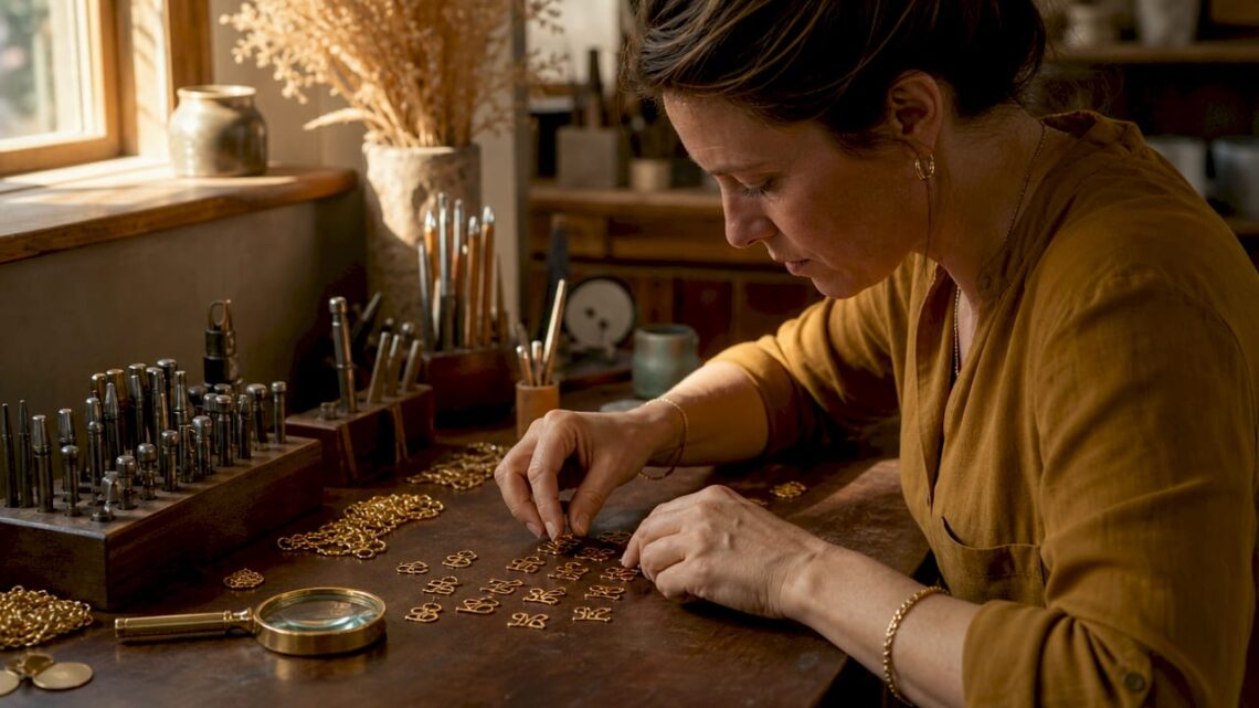 Jeweler designing gold monogram initials at workbench