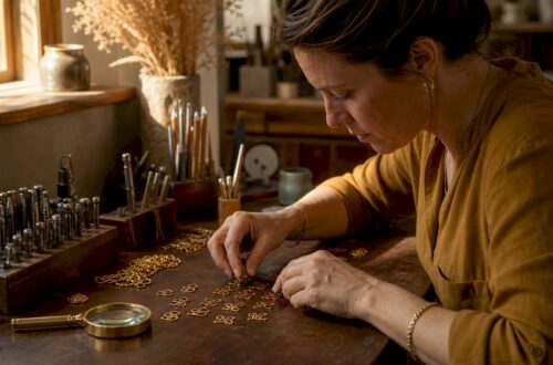 Jeweler designing gold monogram initials at workbench