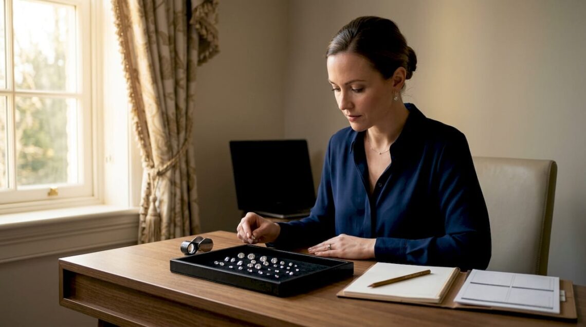 Woman inspecting loose diamonds at home table