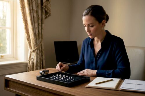 Woman inspecting loose diamonds at home table