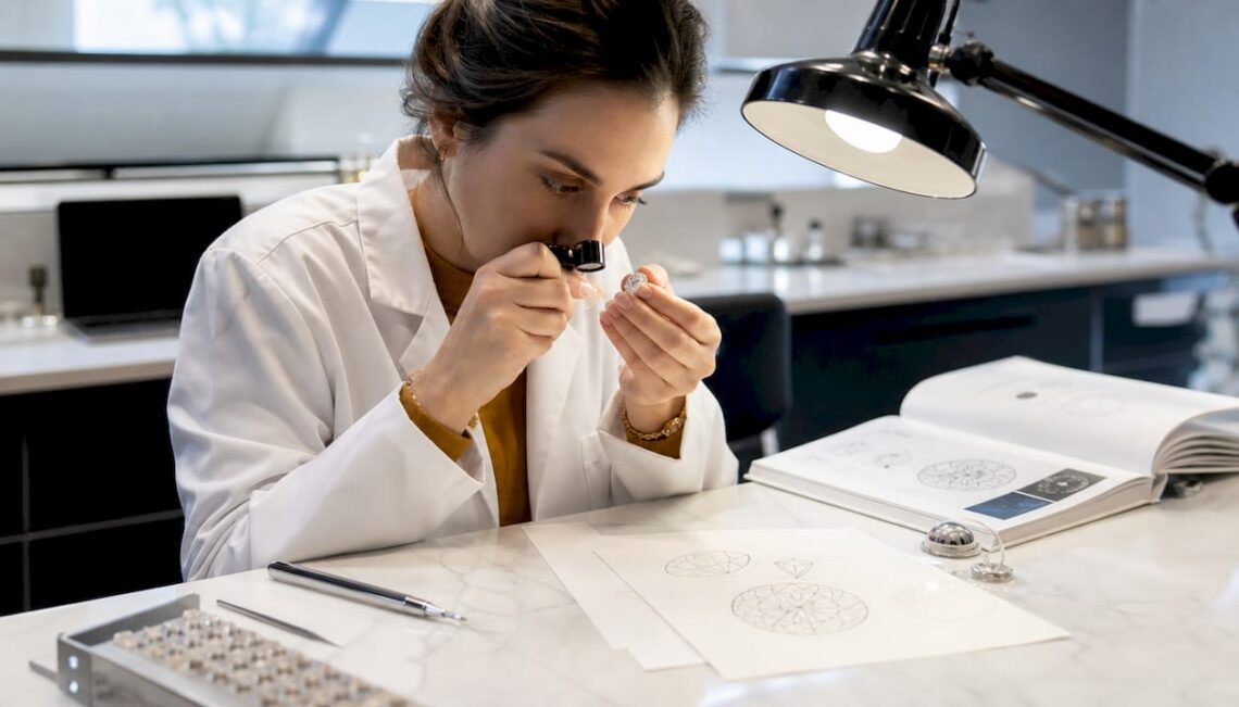 Gemologist examining a diamond with loupe