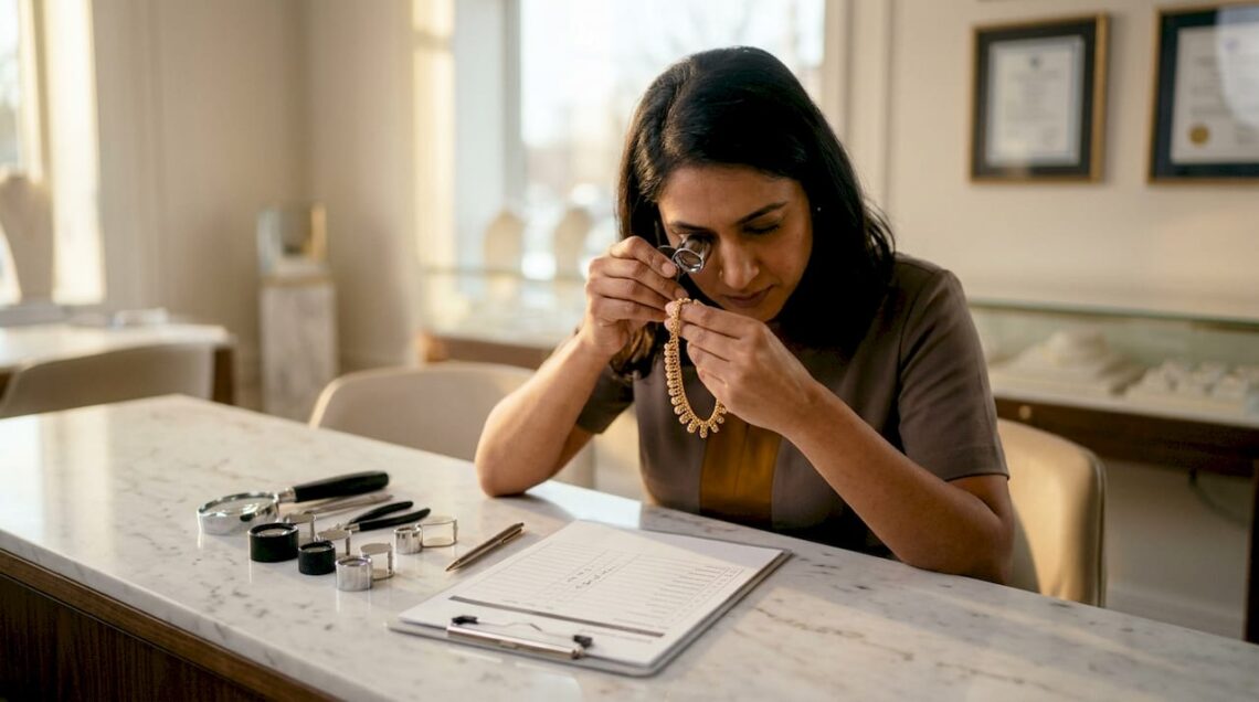 Inspector examining gold necklace with loupe