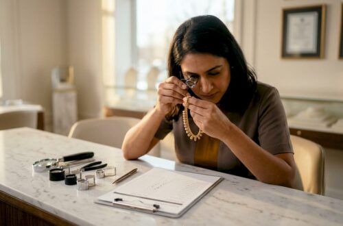 Inspector examining gold necklace with loupe