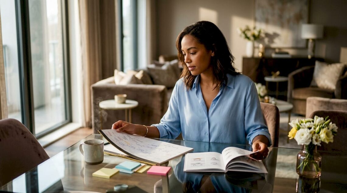 Woman planning engagement ring timeline at home table