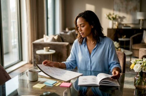 Woman planning engagement ring timeline at home table