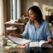 Woman planning engagement ring timeline at home table