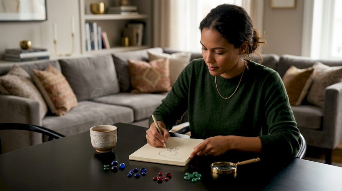 Woman sketching custom jewelry designs at home